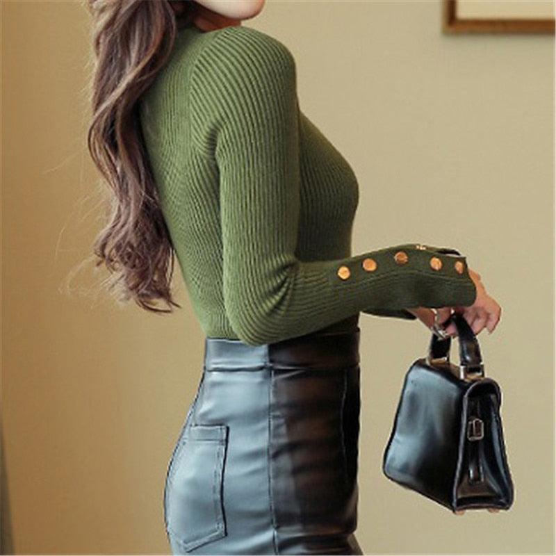 Womens Sweater Knitted Long Sleeve  Neck Pullovers Lady Slim Tops Vintage Button Office Sweaters Sexy Basic Tops|Pullovers|