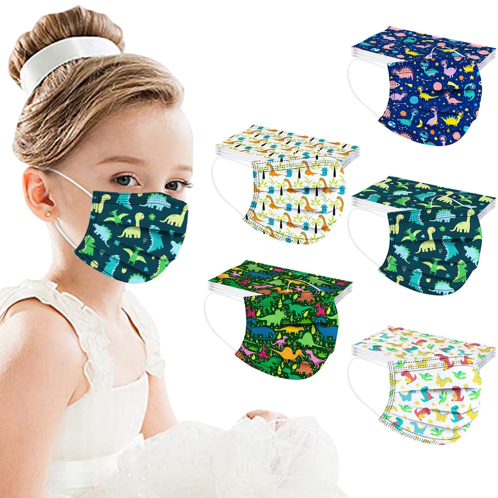 50PC Dinosaur Face Mask For Child Kids Disposable Face Mask With Pattern Cute 3ply Pm2.5 Mask For Baby Girls Earloop Bandage|Boys Costume Accessories|