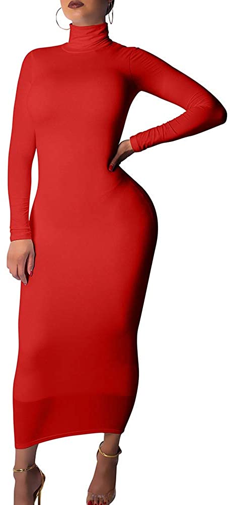 Women's Sexy Turtleneck Long Sleeve Elegant Bodycon Party Long Dress