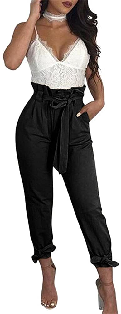 Women Solid Casual Work Trousers High Waist Ruffle Bow Tie Pants