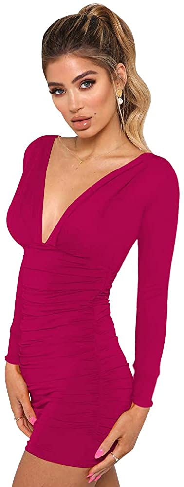 GOBLES Women's Sexy Long Sleeve V Neck Ruched Bodycon Mini Party Cocktail Dress
