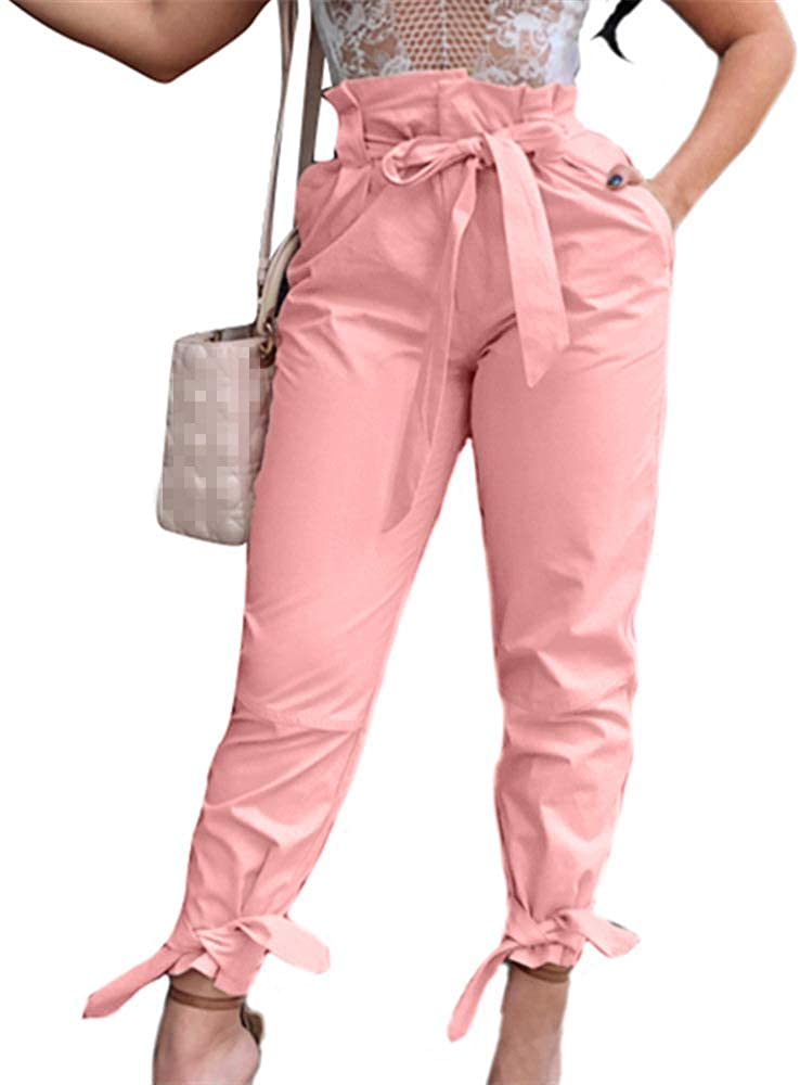 Women Solid Casual Work Trousers High Waist Ruffle Bow Tie Pants