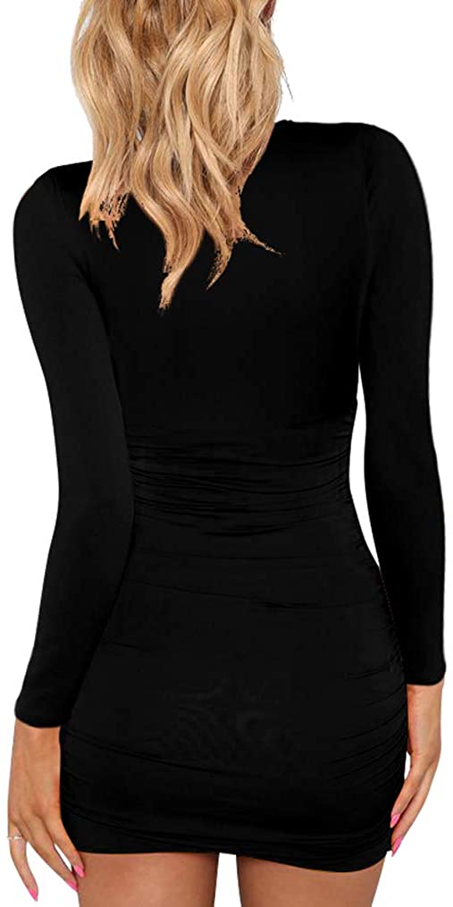 Women's Sexy Long Sleeve V Neck Ruched Bodycon Mini Party Cocktail Dress