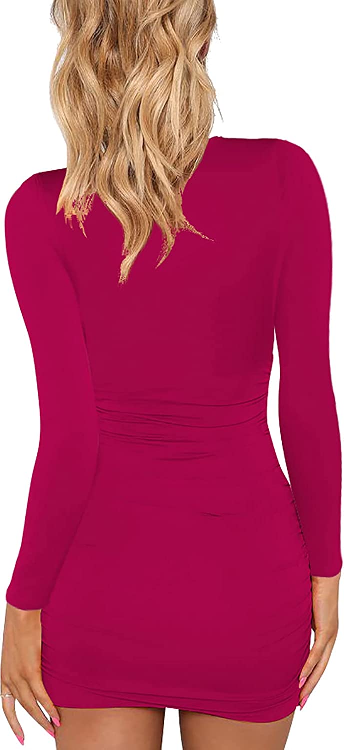 Women's Sexy Long Sleeve V Neck Ruched Bodycon Mini Party Cocktail Dress