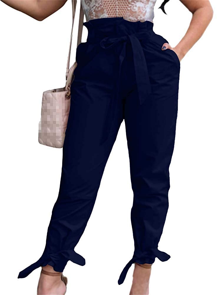 GOBLES Women Solid Casual Work Trousers High Waist Ruffle Bow Tie Pants :  : Clothing, Shoes & Accessories