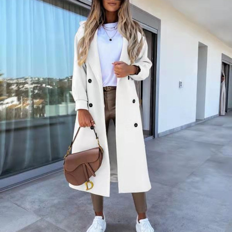 Autumn Winter Women's Nizi Coats Turn down Collar Long Sleeve Double Breasted Slim Long Coat Ladies Fashion Elegant Solid Jacket|Wool & Blends|