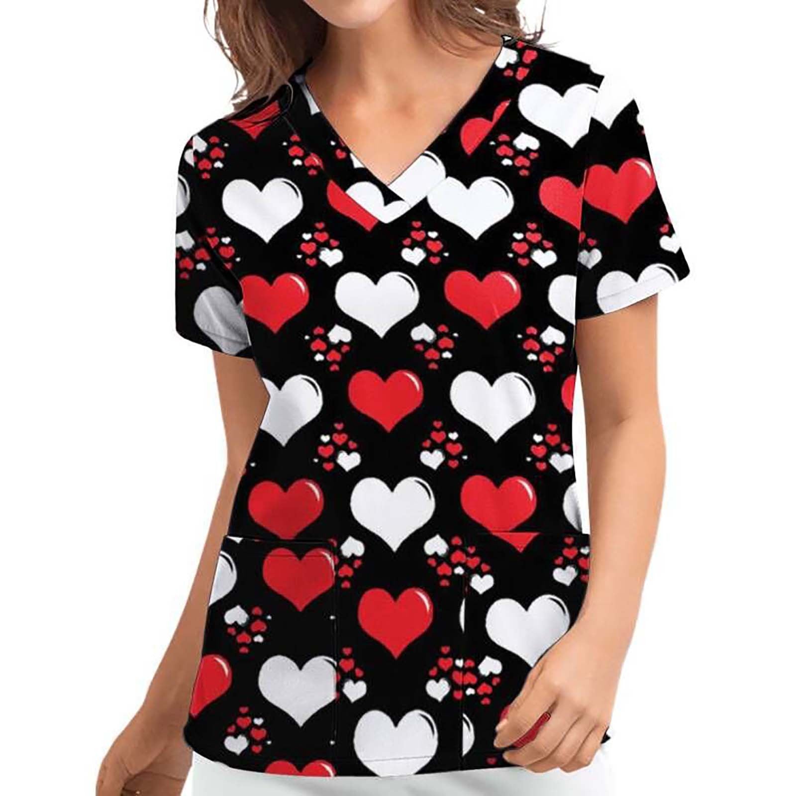 Cute Nurse Uniforms Women up to xxL Size Animal Print Pocket Casual Short Sleeve T-shirt V-neck Nursing Scrubs