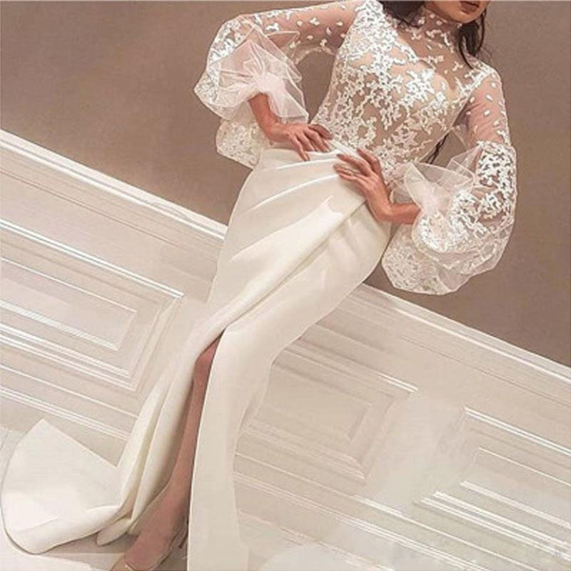 Evening Parrty Embroider Dress Women Lace Overlay Wedding Long Lantern Sleeve Turtle Neck Ruched Patchwork Evening Lady Vestidos|Dresses|