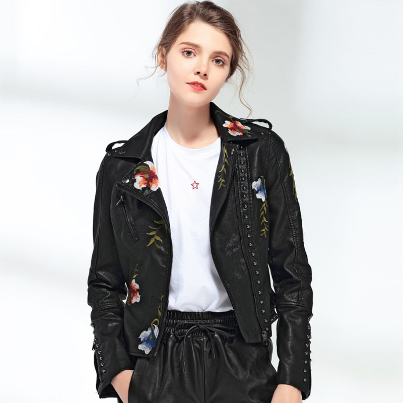 Ftlzz Women Floral Print Embroidery Faux Soft Leather Jacket Coat Turn down Collar Casual Pu Motorcycle Black Punk Outerwear|faux soft leather jacket|soft leather jacketleather jacket coat