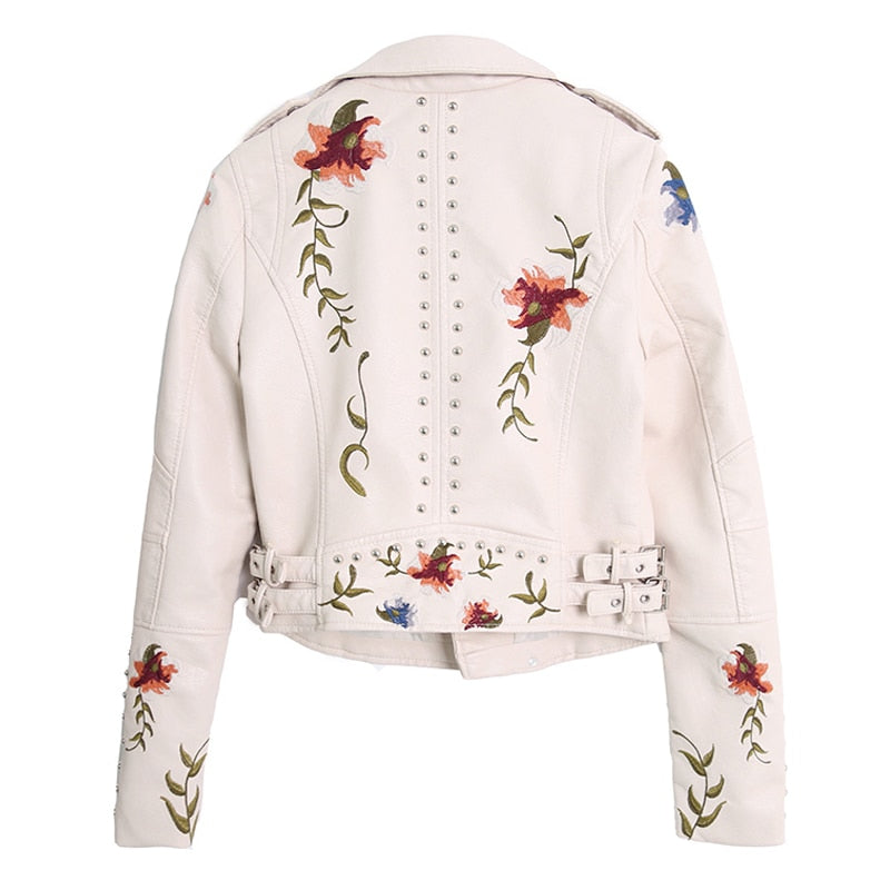 Ftlzz Women Floral Print Embroidery Faux Soft Leather Jacket Coat Turn down Collar Casual Pu Motorcycle Black Punk Outerwear|faux soft leather jacket|soft leather jacketleather jacket coat