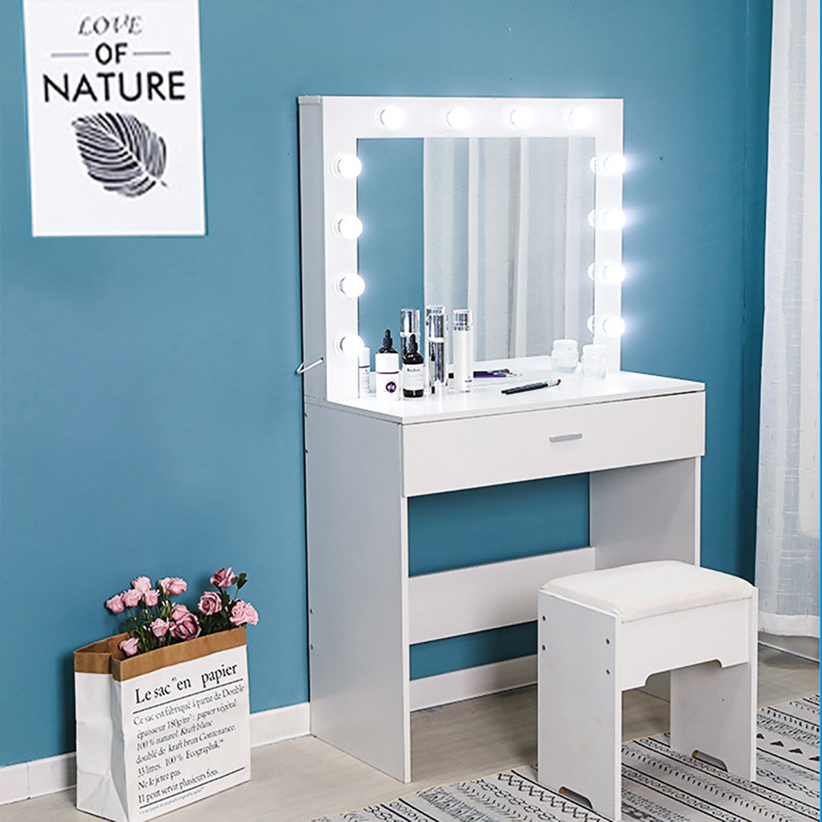 Vanity beauty Set With Lighted Mirror Cushioned Stool Table Makeup Table