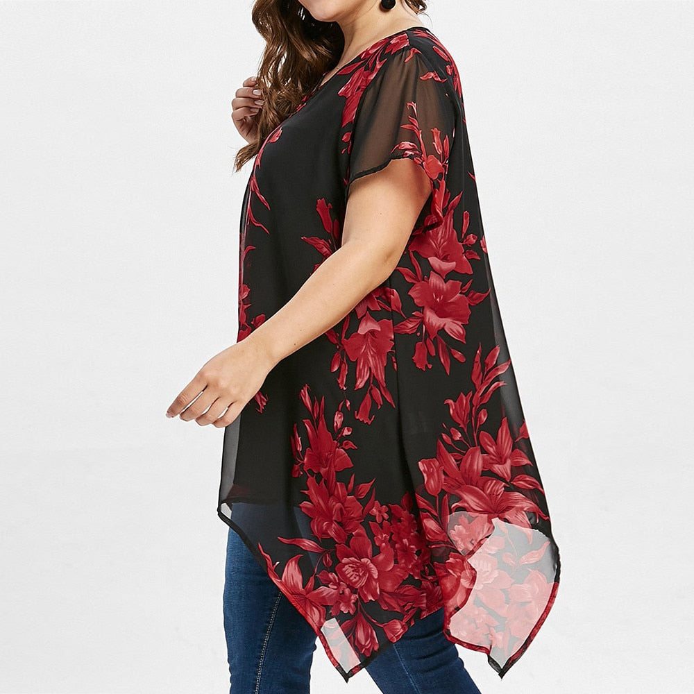 Plus Size 5xl Womens Tops And Blouses Chiffon Tunic Cross Floral Print Short Sleeve Long Shirts Loose Casual Women Clothes#N|Plus size Tops|