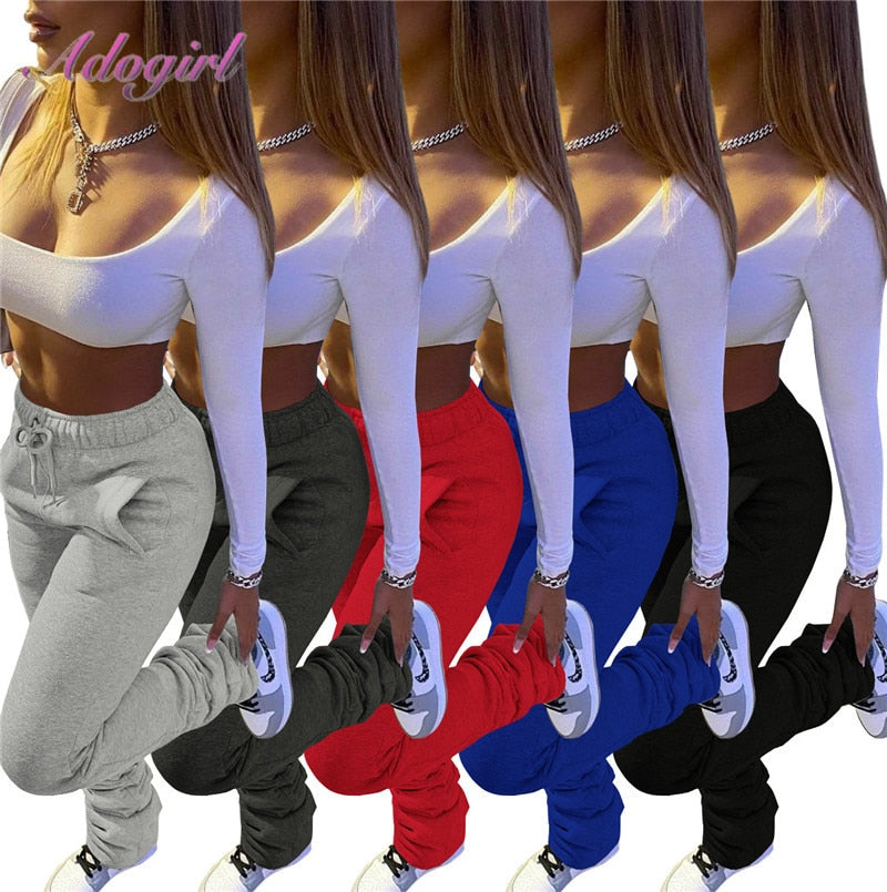 Stacked Pants Women Solid High Waist Drawstring Bell  Bottom Flare Pleated Pants Casual Active Leggings Thick Sweatpants Trousers|Pants & Capris|