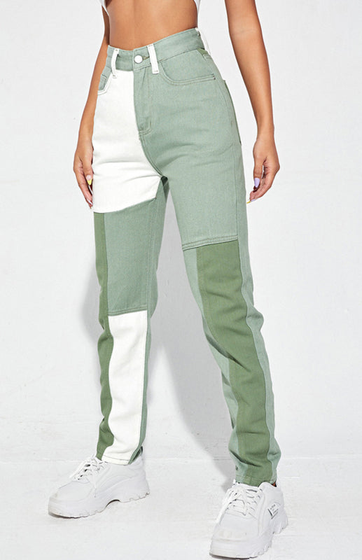 Green Colorblock Design Straight Leg Jeans - womens pants