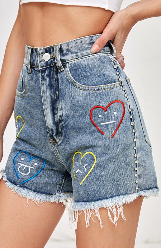 Heart Embroidered Pattern Street Denim Shorts- womens pants