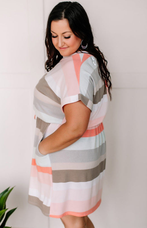 Striped Print Drawstring Short Sleeve Womens Plus Size Dress