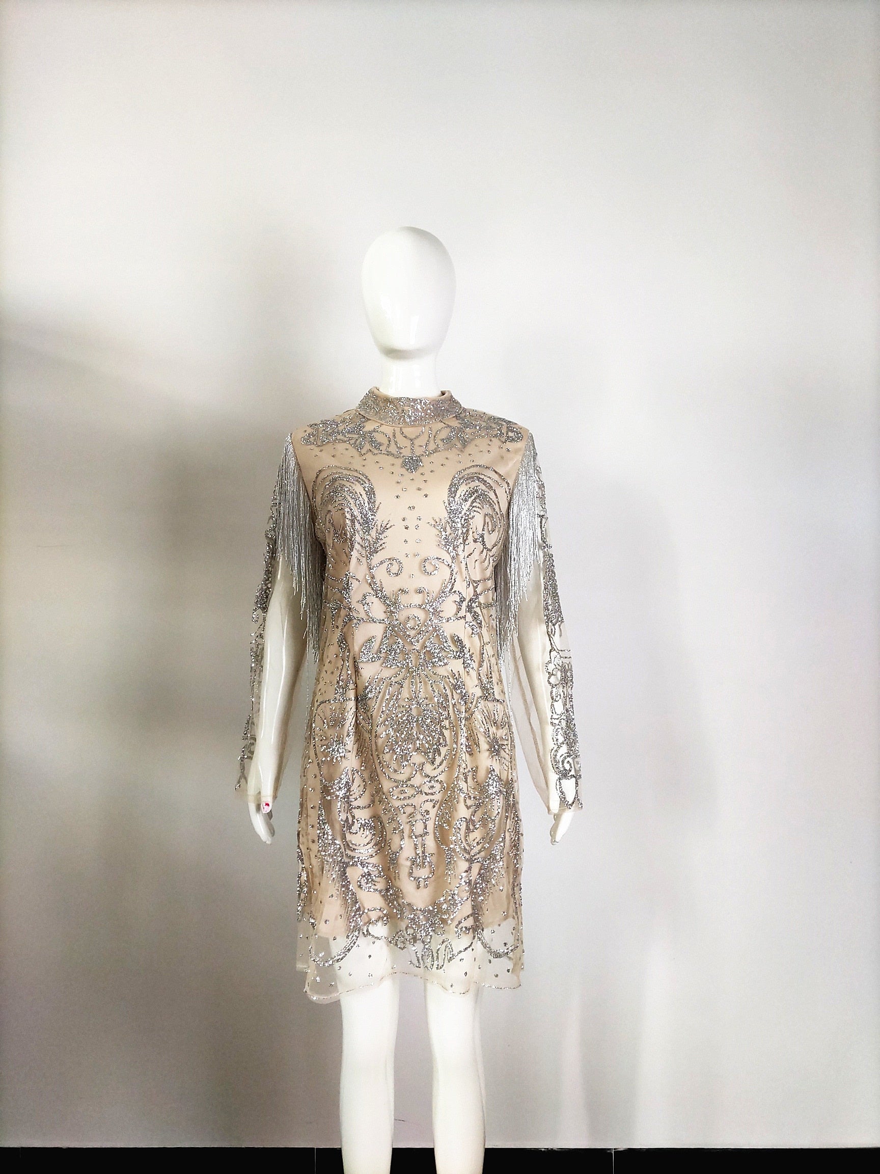 rhinestones mini dress sparkly crystals high neck long sleeve transparent silver women evening tassels party dress|Dresses|