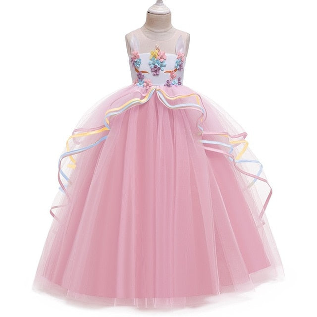 Unicorn Tutu  for Little Girl Summer Sleeveless Elegant  Party Gown Children Fancy Wedding  Birthday Embroidery costume gown