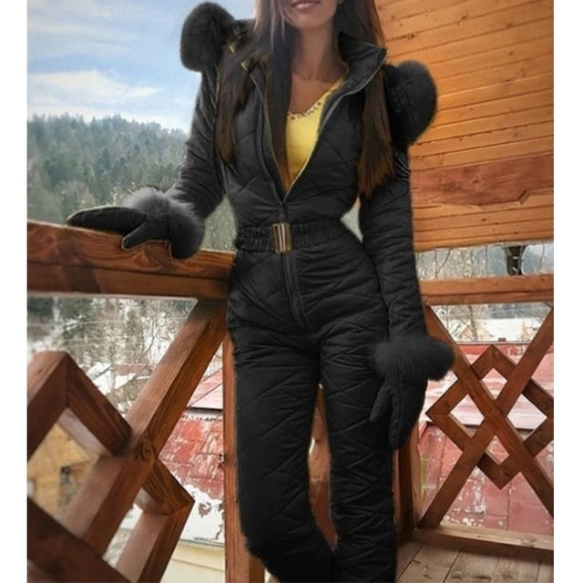 Winter Hooded Jumpsuits- Parka down Elegant Cotton-Padded Ski Suit One Piece WomenSnowboarding Sets|