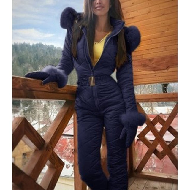 Winter Hooded Jumpsuits- Parka down Elegant Cotton-Padded Ski Suit One Piece WomenSnowboarding Sets|