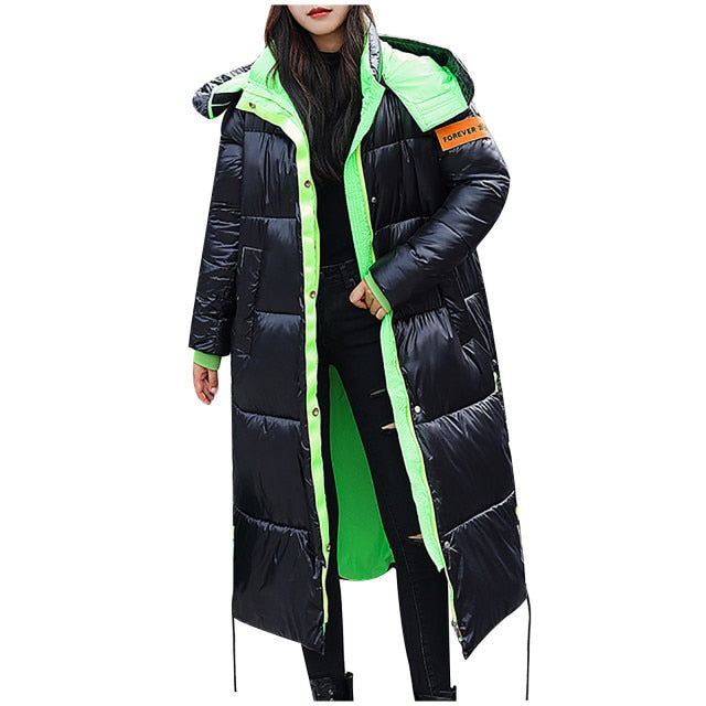 Women's Winter Fashion Glossy Long Over The Knee Hooded Thick Padded Jacket Coat Hooded padded warm padded jacket|Down Coats|