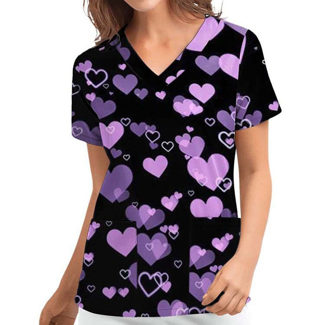 Cute Nurse Uniforms Women up to xxL Size Animal Print Pocket Casual Short Sleeve T-shirt V-neck Nursing Scrubs